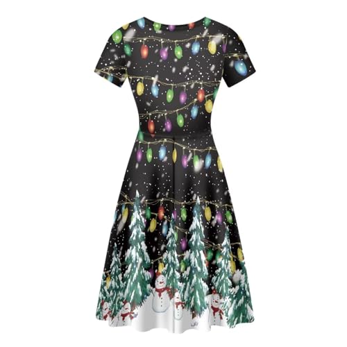 Image of POLERO Women Puffy Swing Elegant Party Midi Dresses Short Sleeve Round Neck A-Line Dress
