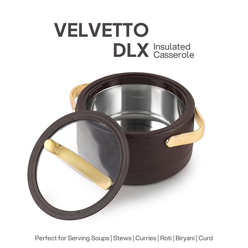 Image of CELLO Velvetto Deluxe 2500 Insulated Casserole Hot Box for Kitchen 2500 ml, Brown | Airtight See Through Lid Hot Pot Case Keeps Food Hot & Warm for Long Hours, Casserole Set for Roti, Rice & Biryani