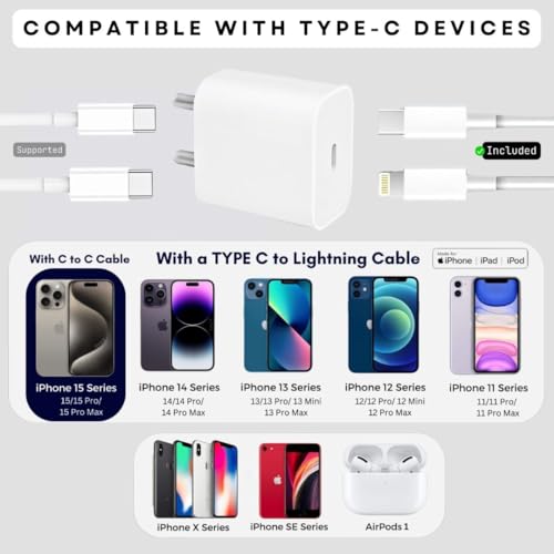 Image of 20W PD Type C Fast Charger with Type C-L 1 Mtr Cable Compatible for iPhone 14 I 14 Pro I iPhone 12 I 12 Pro I 12 Mini 12 Pro Max - White