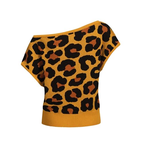 Knit Off The Shoulder T-Shirt for Women, Retro Leopard Print