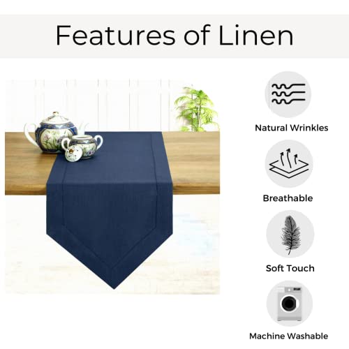 D'moksha Navy Blue Table Runner 14X72 Inch- 100% Pure Linen Hemstitch Diamond Table Runners 72 Inches- Perfect For Wedding, Party, Living Room, Kitchen, Easy Care Machine Washable #TOP4
