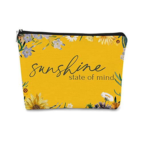 Sunshine State of Mind Summer Yellow Sunshine Inspirational Floral Makeup Bag Cosmetic Bag Gift for Teen Girls,Birthday Christmas Gifts for Women Friends Mom Wife Grandma Daughter Teacher Coworker
