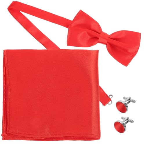 SOESFOUFU Men's Bow Tie Handkerchief Set Satin Pocket Square Black Bowtie Cufflinks Perfect for Wedding