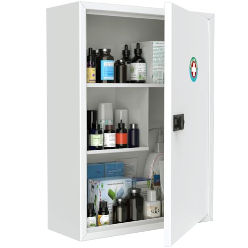Uniclife Wall Mount Medicine Cabinet with Combination Lock, Locking First Aid Cabinet, Lockable Medical Cabinet, Large Capacity Medicine Organizer, Secure Steel Wall Cabinet Metal Storage Box, White