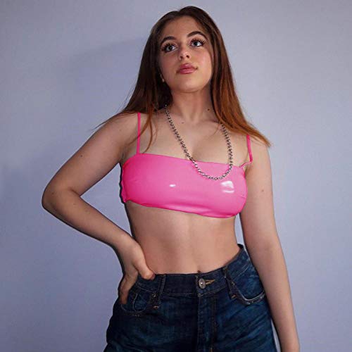 Women Rave Festival Neon PU Leather Crop Tops Spaghetti Straps Tube Top for Club Party