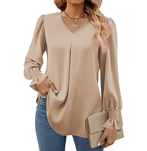 Funlingo Womens 2025 Dressy Causal Blouses Fall Long Puff Sleeve Tunic Tops Flowy Chiffon V-Neck Business Shirts Work Clothes Khaki X-Large