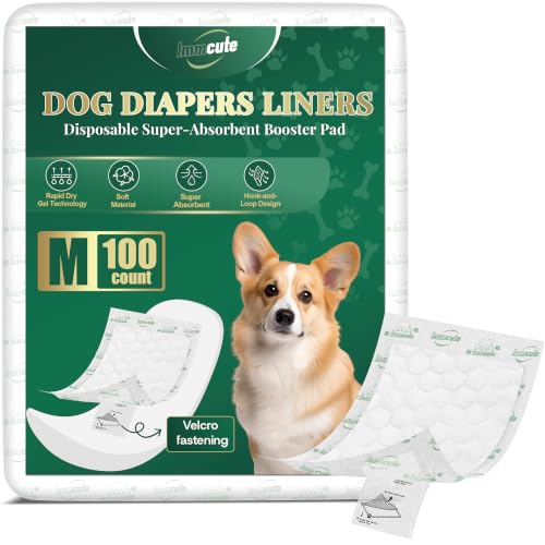 Image of IMMCUTE Medium Dog Diaper Liners, 100 Count, Ultra Absorbent Booster Pads with Hook & Loop, Non-Slip Disposable Pads for Male Belly Bands, Female Dogs in Heat & Incontinence Use