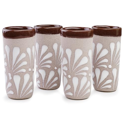 MEXTEQUIL - Handcrafted Ceramic Shot Glasses, White Floral Pattern, Terracotta Interior, Set of 4, Traditional Mexican Design (Rose Clay White Floral)