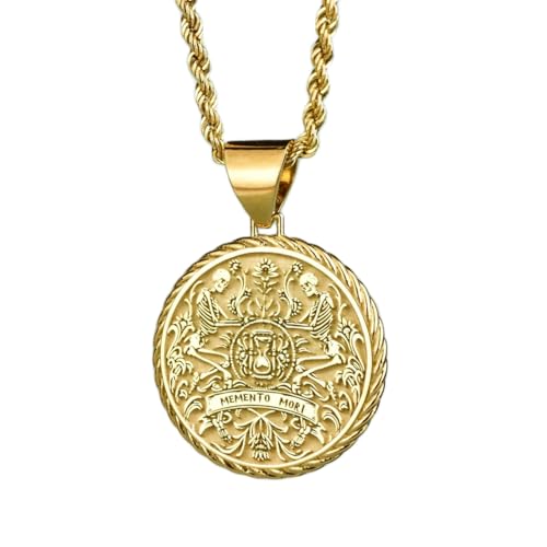 Pendentif pièce Memento Mori gravée chaîne corde collier argent plaqué or cadeau