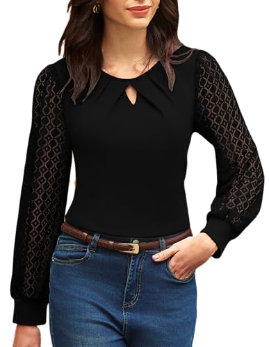 GRACE KARIN Women Lace Long Sleeve Shirts Dressy Business Casual Blouses Crew Neck Work Tops Fall Clothes