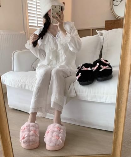 Epsion Women's Cute Bows Cotton Slippers Plush Thick Bottom Winter Soft Warm House Shoes2