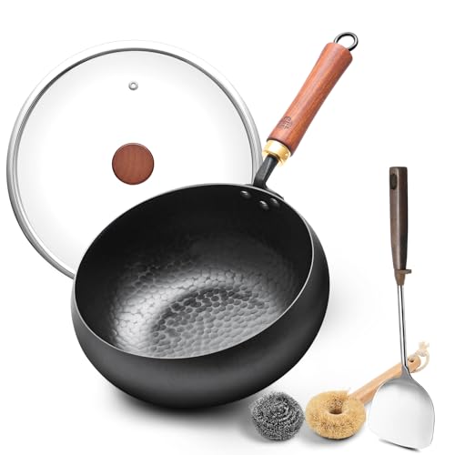 WANGYUANJI 9.5' Carbon Steel Wok - [Heavy-Duty & Thickened Base] - Deep Bowl Stir Fry Pan for Induction, Electric & Gas - Warp-Resistant, Splatter-Free Design with Lid (1-2 Person)