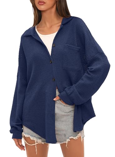 Image of Beaully Womens Waffle Knit Long Sleeve Button Down Shirts Casual Lightweight Shacket Dressy Blouses Tops