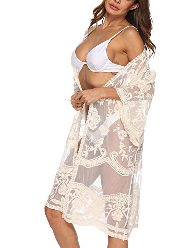 Women's Lace Cardigan Floral Crochet Sheer Beach Cover Ups Long Open Kimono2
