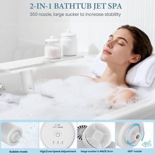 Bath Jets for Tub, Cordless IPX7 Waterproof Mute Rechargeable Bath Jet or Bubble Modes, Impact Force 65 kPA, Portable Bathtub Accessories for Home Spa, Adjustable Speed Full-Body Relaxing (White) — view 2