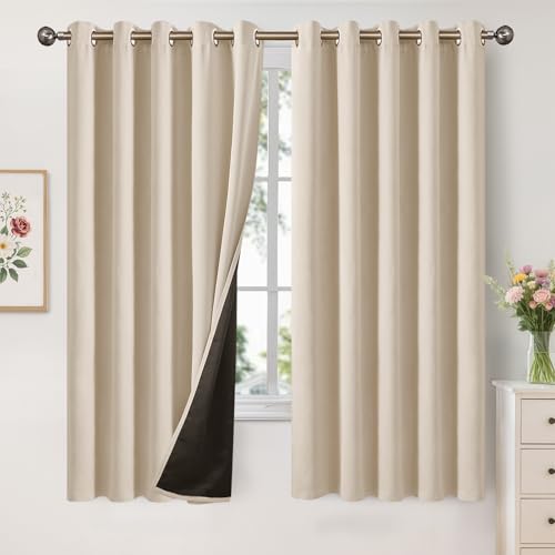 Image of YoungsTex 100% Blackout Curtains for Bedroom, Thermal Insulated Black Out Drapes with Grommet Full Room Darkening with Double Layer for Living Room, Champagne, 2 Panels, 60 X 63 Inch