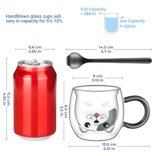 ecooe Hund Tasse Doppelwandige Gläser 280ml Latte Macchiato Gläser mit Löffel Kaffeetasse Doppelwandig Süße Tasse Hund Kaffeeglas Teegläser Geburtstag Valentinstag Geschenke für Frauen Männer Kinder