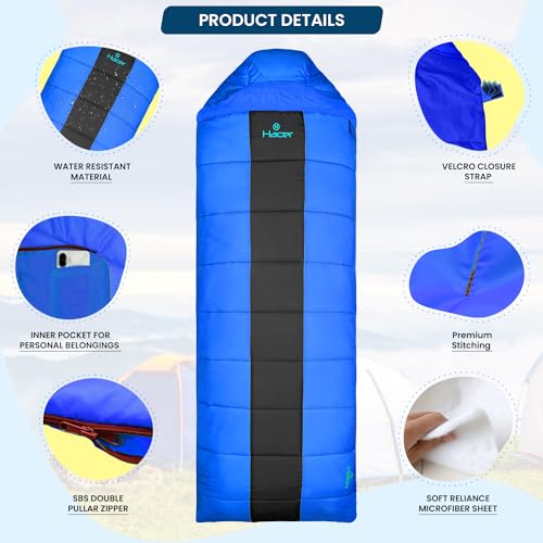 Image of Hacer HC-1500 3in1 Camping Sleeping Bag Open Comforter & Mattress +2 Degree Winter 210T Polyester Lining Hiking Trekking Bags for Baby, Adults Men & Women (7ft, Blue & Black, 2C to +5C, 1.6kg)