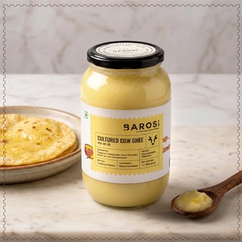 Image of BAROSI Cultured Desi Cow Ghee 1 Litre | Traditional Bilona Method | Curd Churned Danedar Ghee | Lab Tested | Grass-Fed Desi Cow | Pure, Natural, Aromatic | Shudh Cow Ghee | Glass Jar(1000ml)