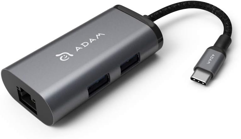 USB C Adapter Hub with Type-C Connector Nylon Braided Cable, Ethernet, 2x USB Type A Ports, Compatible for Apple and PC Devices, Featuring Durable Aluminium Shell (Gray)