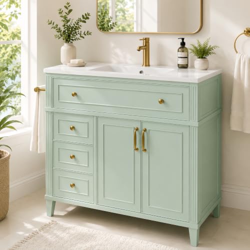 Bellemave 36" Bathroom Vanity with Sink, Bathroom vanities, Green Bathroom Vanity with Drawers, Sink Cabinet, Sage Green, 36Inch