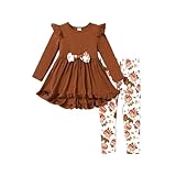 PATPAT Toddler Baby Girls Clothes 2 Piece Outfits Ruffles Shirt Floral Print Tops and Leggings Pants Brown 2 Years