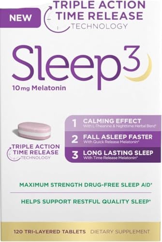 NB Sleep3 Triple Action Time Release Melatonin Sleep Aid 10mg Maximum Strength Drug-Free 120 Tri-Layered Tablets with L-Theanine