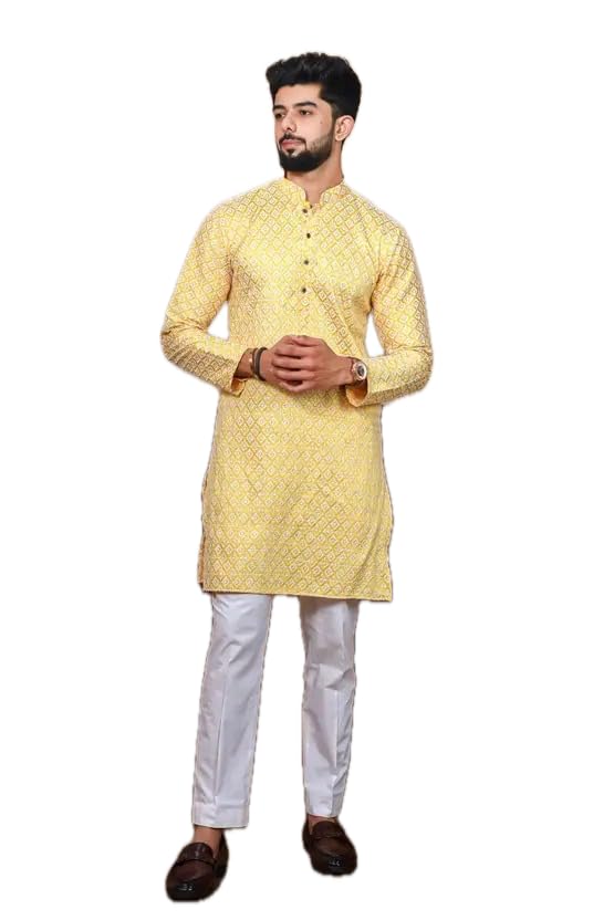 Image of LookMark Men's Printed Silk Blend Kurta with Mandarin Collar, Full Sleeves, Straight Fit Traditional Ethnic Wear