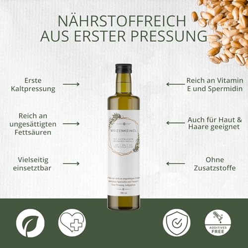 Foto von Weizenkeimöl 500 ml von Nordic Pure | Kaltgepresst mit Spermidin und viel Vitamin E | Weizenkeime mechanisch gepresst (500 ml)