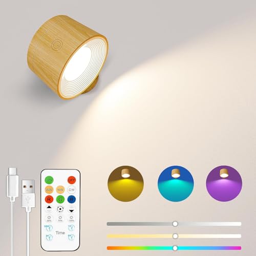 Speclux Rechargeable Wall Lights Indoor Wood Grain, LED Wall Lights Rechargeable No Drilling, 3500mAh 3 Color Temperatures & 13 RGB & Dimmable 360° Magnetic Battery Operated wall Lights