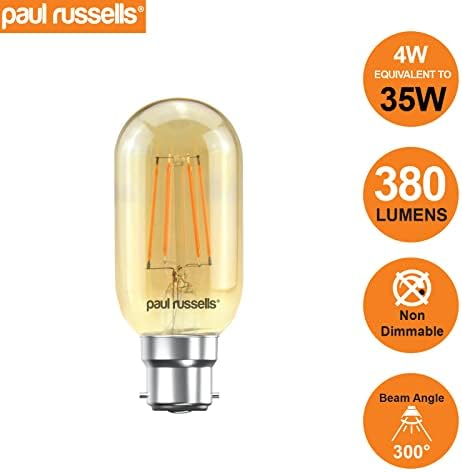 paul russells LED Filament T45 Light Bayonet Cap B22D, 35w Equivalent Replacement Antique Bulb, BC 4W 380LM LED 2200K Amber Bulbs, Decorative Ceiling Fittings Energy Saving Lightbulbs, Pack of 6