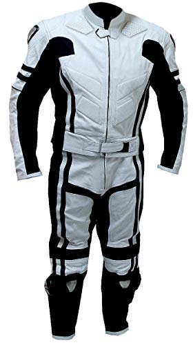 Mens Real Motorcycle Leather Suit - Jacket & Pant Internal Protection (Large) White