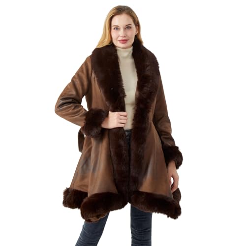 Luxury Faux Fur Trimmed Winter Coat, Brown Leather with Dark
