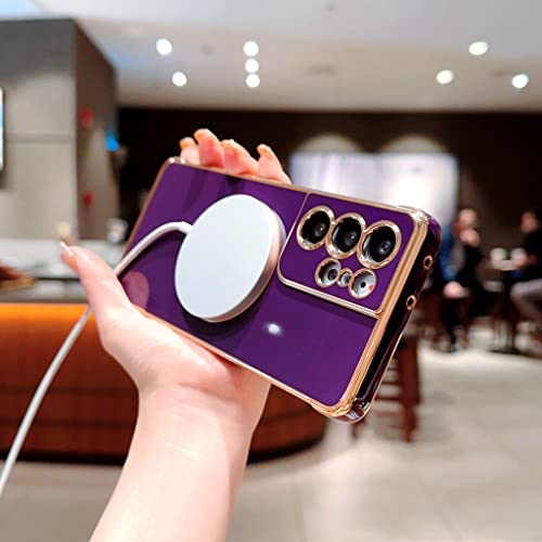 Banailoa Design For Samsung Galaxy S21 Ultra Case Compatible With Magsafe,Luxury Plating Clear Case Magnetic Soft Camera Protective Galaxy S21 Ultra Case (6.8 Inch)-Dark Purple #TOP3