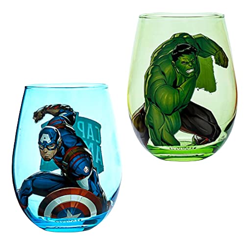 Lot de 2 grands verres sous licence Disney Marvel Avengers Hulk Vert et Captain America Bleu 400 ml