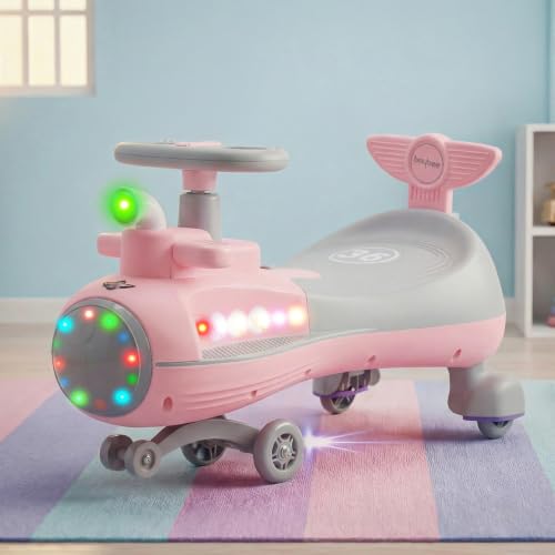 Image of Baybee Diver Baby Swing Cars for Kids | Indoor Wiggle Push Baby car with Floor Lights | Twister Ride on Kids Car with RGB Lights, Music & Backrest | Magic Car for Kid 2 to 5 Years (Pink)