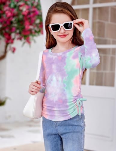 Image of Arshiner Girls Long Sleeve Shirts Ruched Knot Side Tunic Blouse Tee Tops