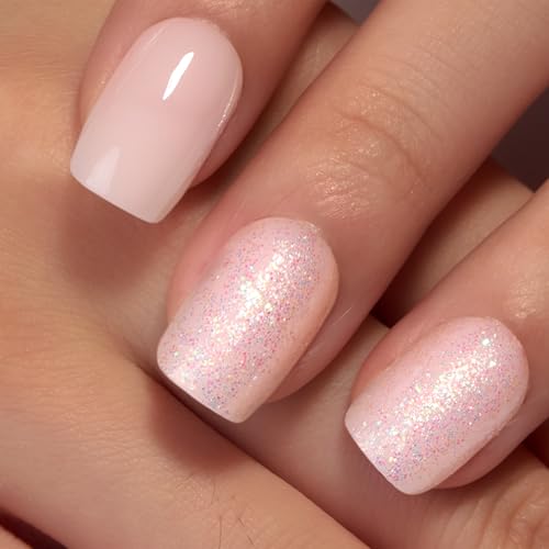 Image of Curvlife Press on Nails Acrylic Fake Nails with Flash white Short Square Design Full Cover False Nails for Women Reusable Nail Kit