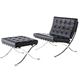 Lounge Chair with Ottoman, Genuine Leather Side Chair Club Chair with Stainless Steel Frame for Bedroom Living Reading Rome (Black, Chair with Ottoman)