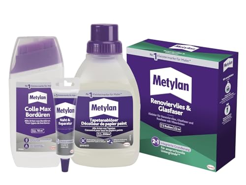 Metylan Renoviervlies & Glasfaser (1x180g) & Metylan Bordüren (1x250g) & Metylan Naht- und Reparaturkleber (1x60g) & Metylan Tapetenablöser Aktiv-Konzentrat (1x0,5l)