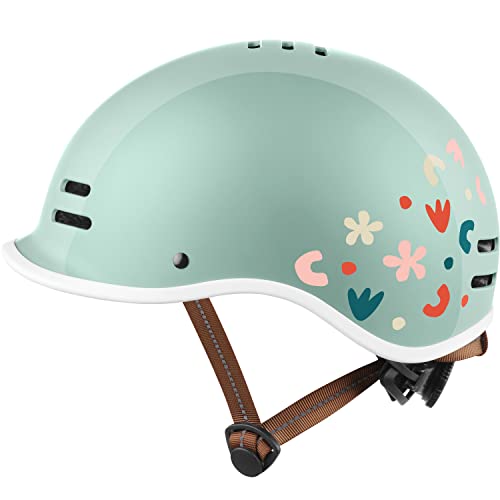 Retrospec Remi Kids' Bike Helmet for Youth Boys & Girls- Bicycle Helmet with Built-in Visor and Adjustable Reflective Straps for Skateboarding, Scooters, Rollerblading - Matcha Bloom - 49-53cm