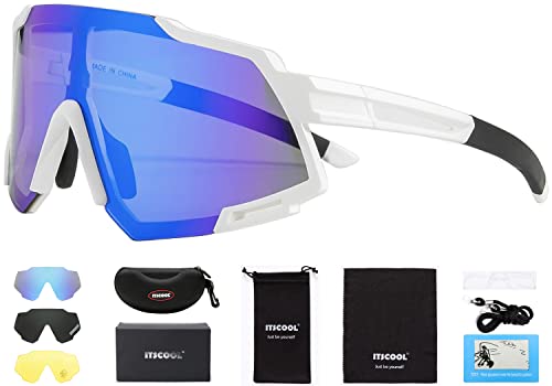 Itscool Polarized Sports Sunglasses With 3 Interchangeable Lenses For Men Women Lightweight Cycling Glasses Uv Protection White Blue #TOP5