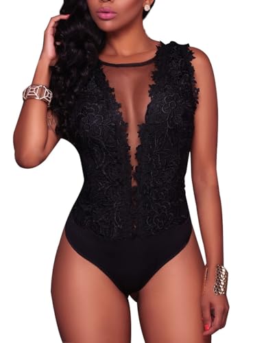 Loalirando Sexy Women Ladies Sleeveless Bodysuit Lace Deep V-Neck Leotard Top Jumpsuit Outfit Clubwear (Black, XL)