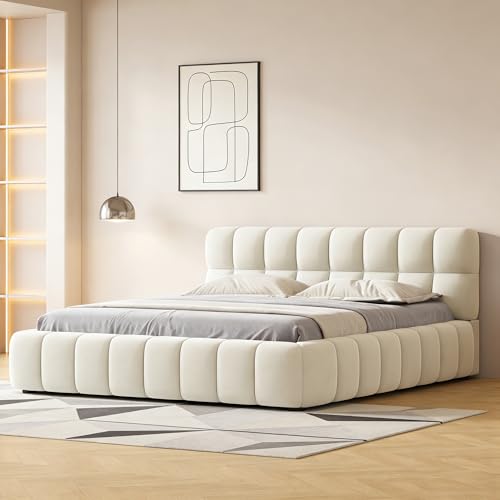 DULRLLY Bubble Bett 140x200, Bett 140x200 mit Lattenrost, Jugendbett mit Gepolstertes Kopfteil, Polsterbett Bettgestell für Schlafzimmer und Gästezimmer, ohne Matratze, Leinenstoff (Beige)