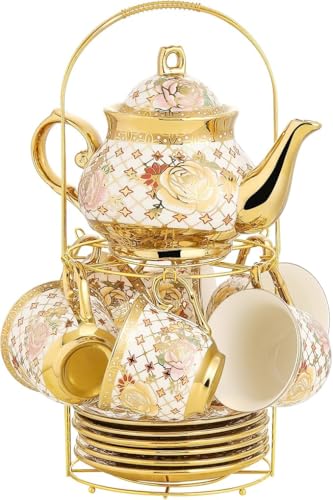 Image of DEEDECORWAVE Premium Ceramic Tea Set of 13 PCS Teapot (800ML) with 6 Cups (180ML Each), 6 Saucers & Holder Stand Elegant Gift for Tea Lovers Ideal for Home, Office & Parties (Check White)