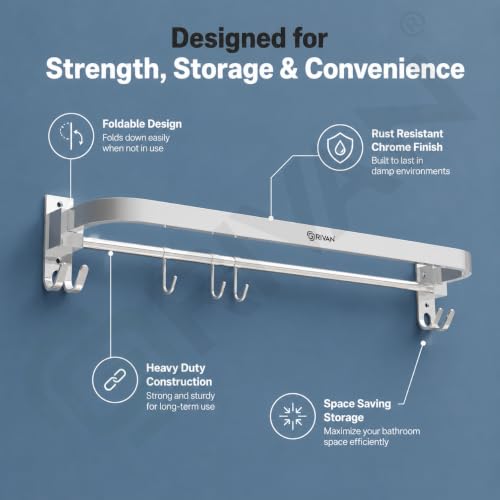 Image of GRIVAN Stainless Steel Towel Rod for Bathroom with Hooks | Foldable Towel Holder Stand with Drill Mount (2, Silver, 24 INCH)