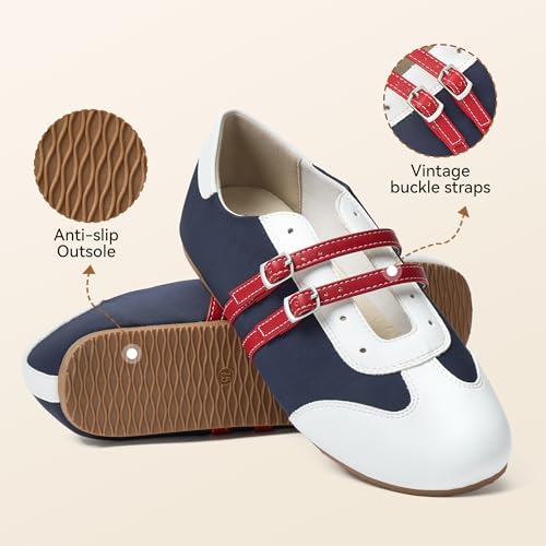 Image of BOSTANTEN Ballet Sneakers Mary Jane Flats for Women, Retro Trainer Style | Cute Retro and Y2k Style, Double Adjustable Straps, Lightweight Flexible Sole, Soft Suede Round Toe, Breathable Lining