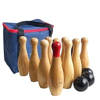 Bowlingspiel aus Holz, Wurfflaschen, Rasen-Spiel für die Familie, Spiel-Set mit Tragetasche (H 26 cm, 10 Stifte + 3 Bälle)