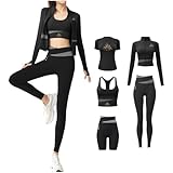 Oceira Women Activewear Gymwear Yoga Suit Athleisure Five Piece Set, T-Shirt, Jacket, Sports Bra, Leggings, Running Shorts (Black, S)