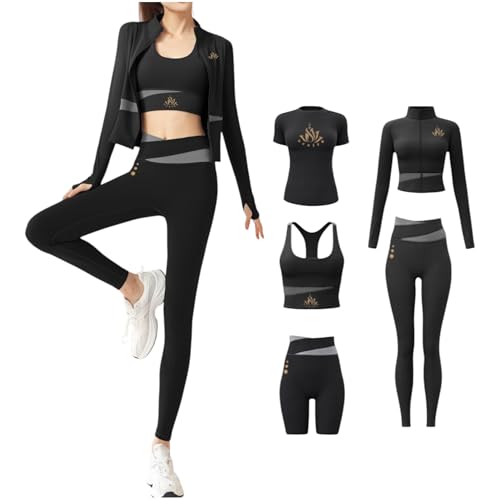 Oceira Women Activewear Gymwear Yoga Suit Athleisure Five Piece Set, T-Shirt, Jacket, Sports Bra, Leggings, Running Shorts (Black, M)